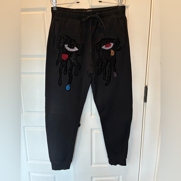 rokustudio Pants - Roku Studio Tear Drip Rhinestone Eye Joggers Women’s Small Black streetwear c5